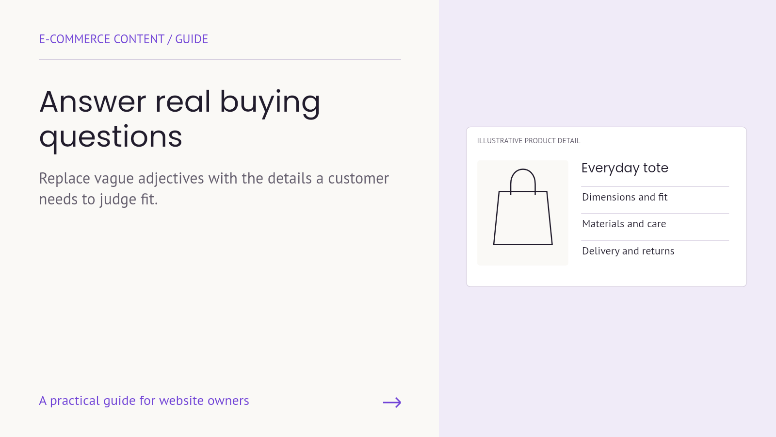 An illustrative tote product panel highlighting dimensions, materials, delivery and returns.