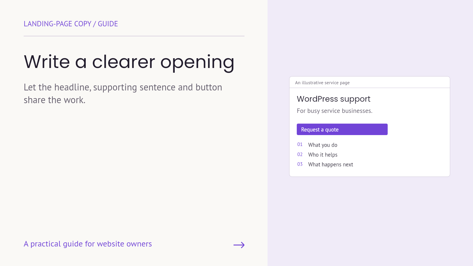 An illustrative WordPress service opening with a headline, supporting sentence and Request a quote button.